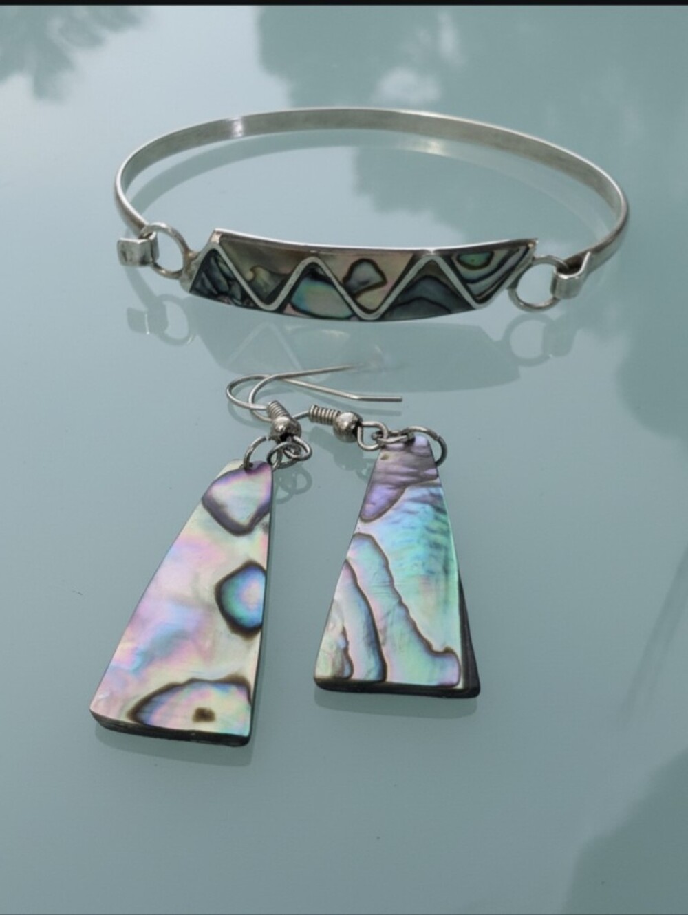 Vintage Mid-Century Mexican Abalone Jewelry Set, Inlaid Geometric Alpaca